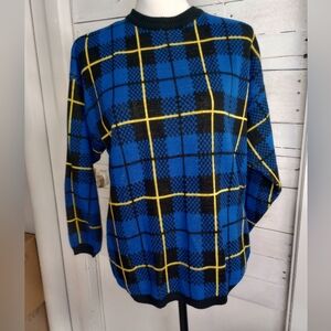 Vintage TOI Blue Yellow Black Plaid Knit Sweater 80s Retro Crewneck 3/4 Sleeves